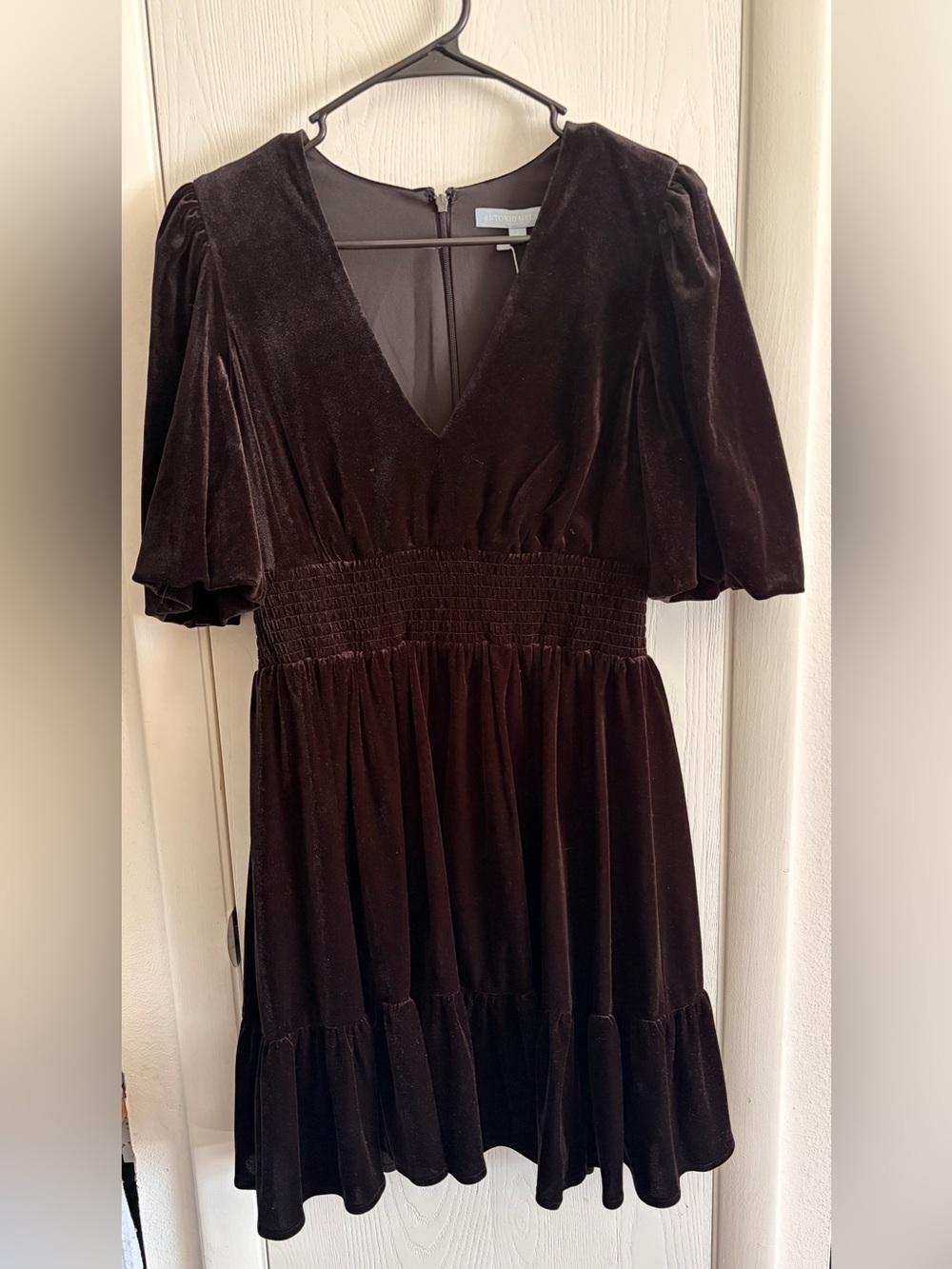 ANTONIO MELANI Black Velvet V-Neck Smocked Mini Dress